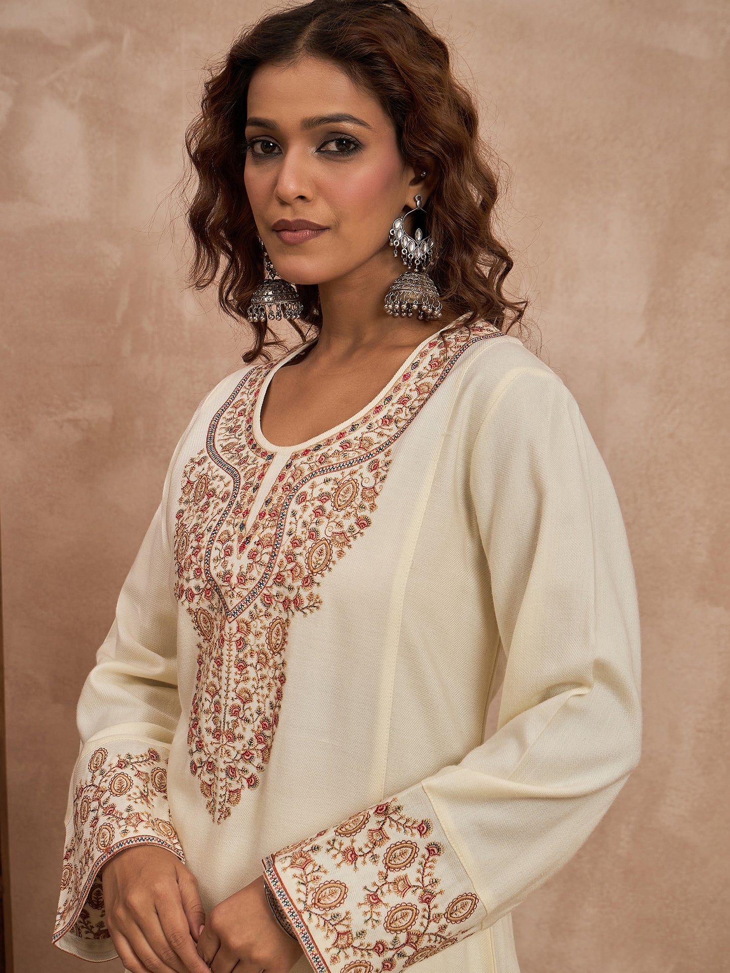 Woolen Embroidered 2-piece winter wear Kurti & Pant Set White