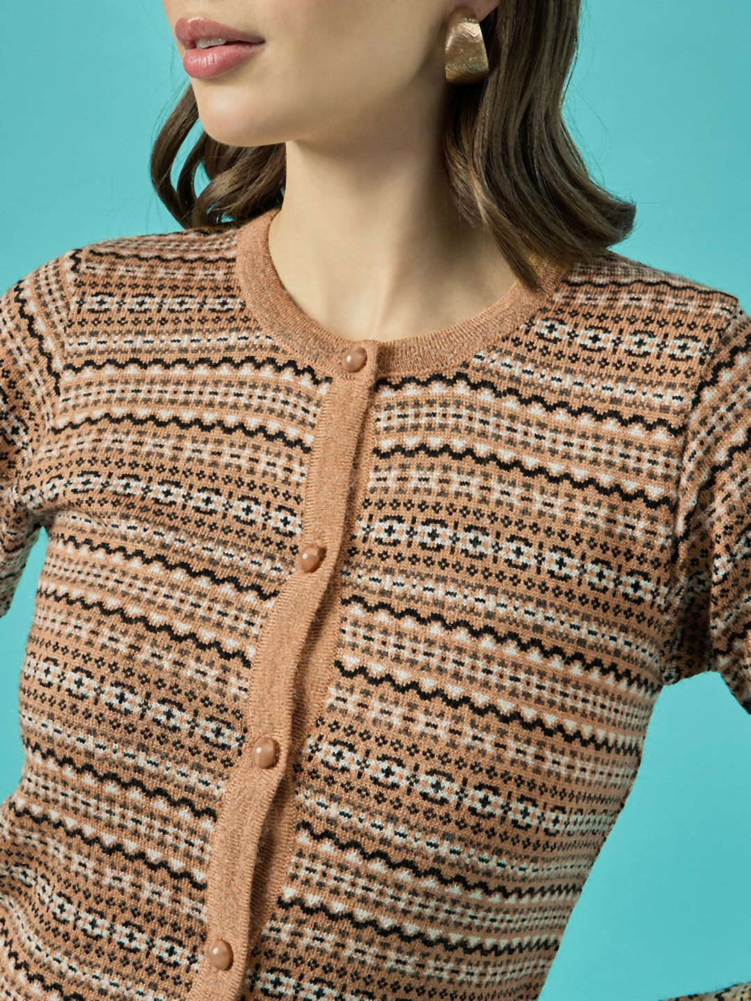 Women Gold Self Striped Round Neck Cardigan