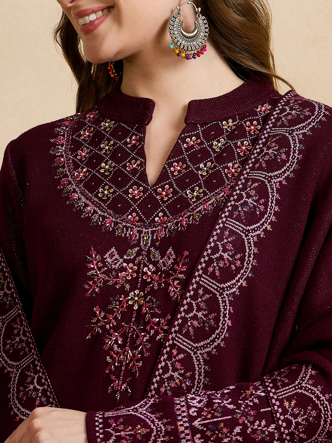 Clapton Embroidered Straight Kurta Pant With Dupatta Set Maroon