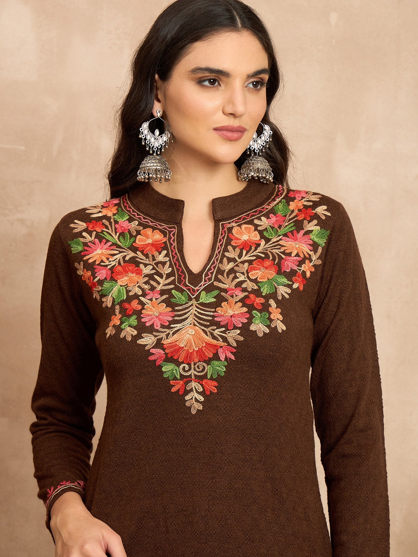Women Multicolor Embroidered woolen Blend Kurta Maroon Winter Wear