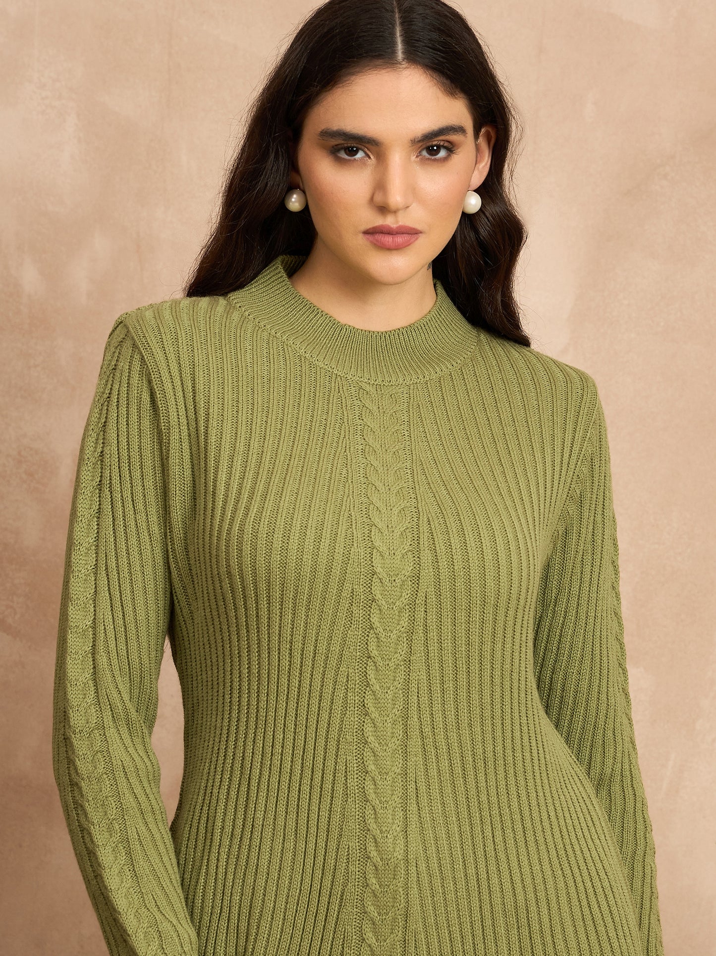 CLAPTON Women’s Wool Blend Ribbed Knit Tunic Sweater with Mock Neck & Full Sleeves Green