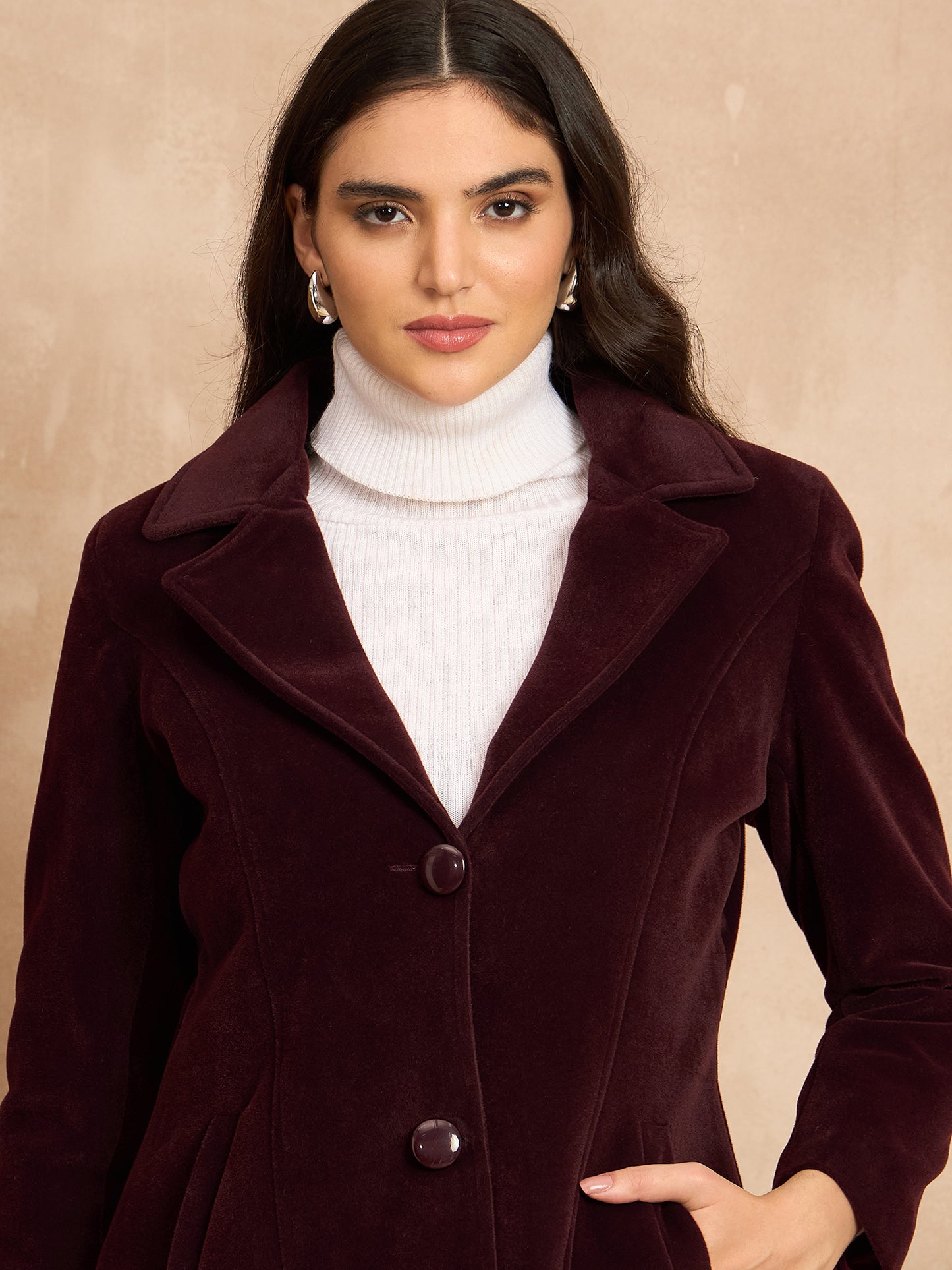 Clapton Women’S Wool Blend Long Winter Coat Maroon– Classic Button Closure & Lapel Collar