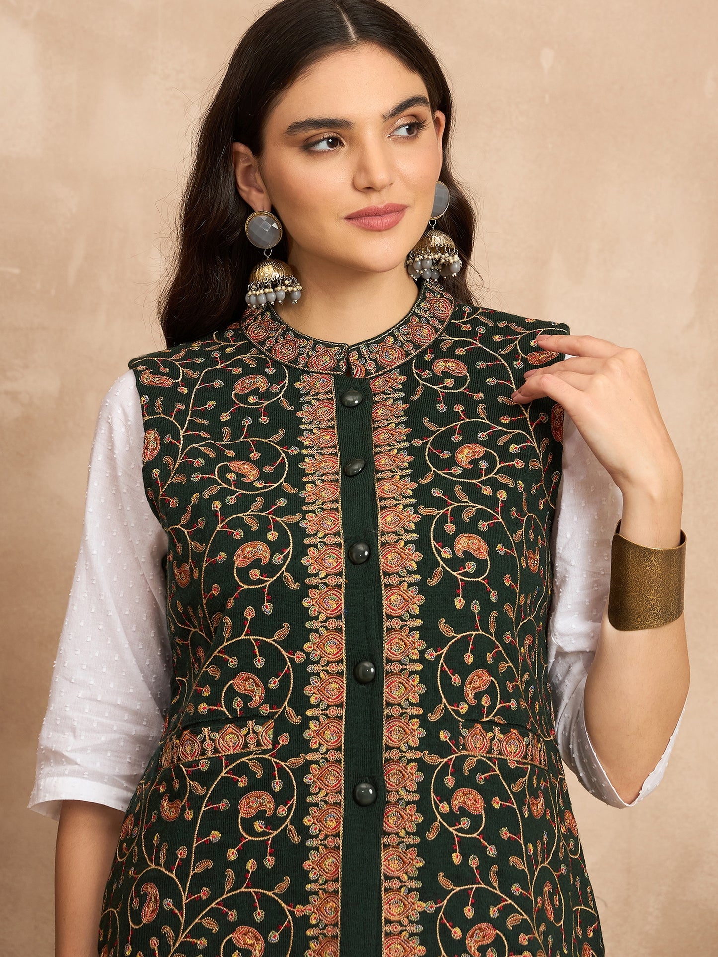 CLAPTON EMBROIDERY SLEEVELESS GREEN BLAZER FOR WOMEN