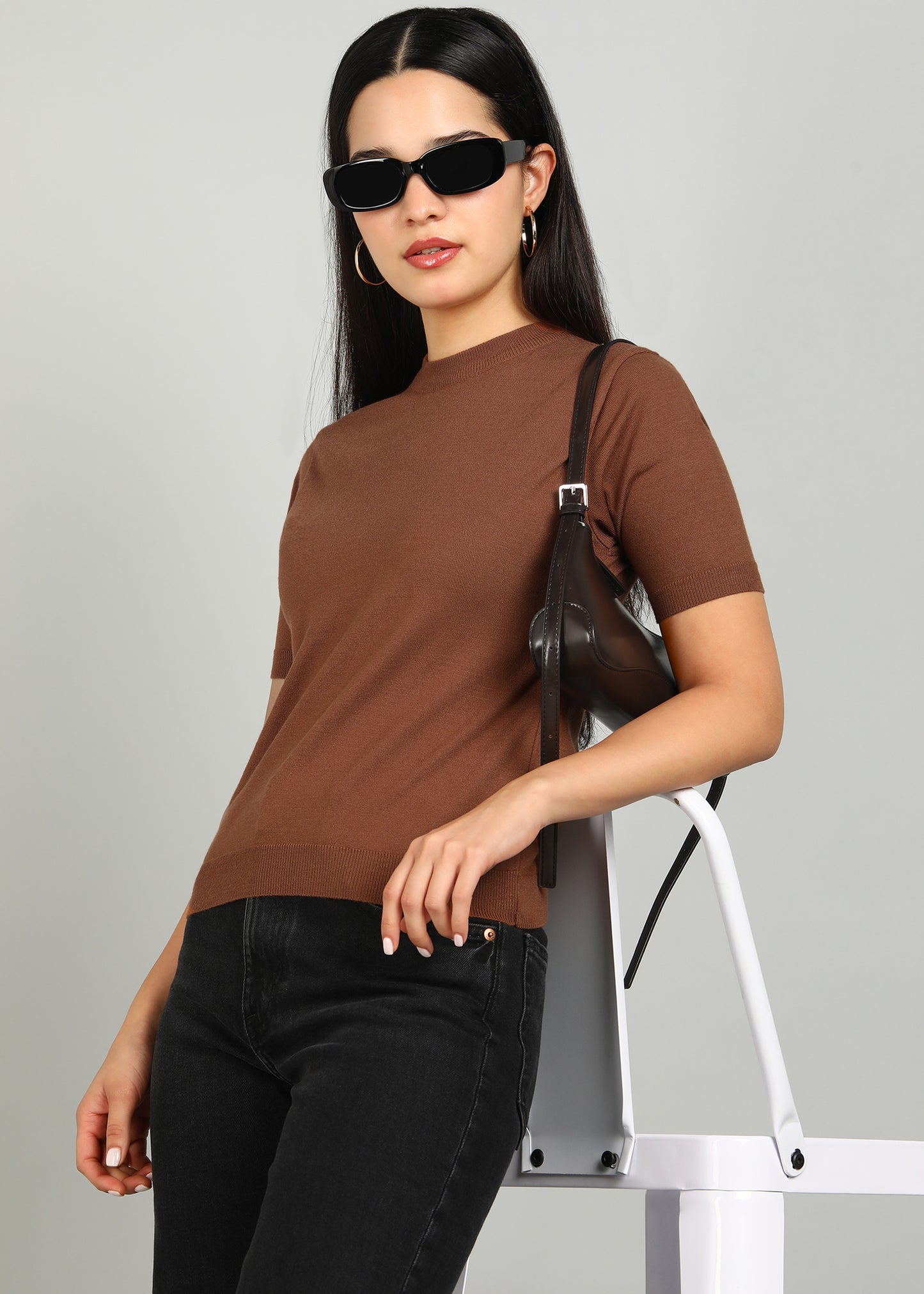 Women Solid Color Round Neck Half Sleeve Viscose T-Shirt Brown