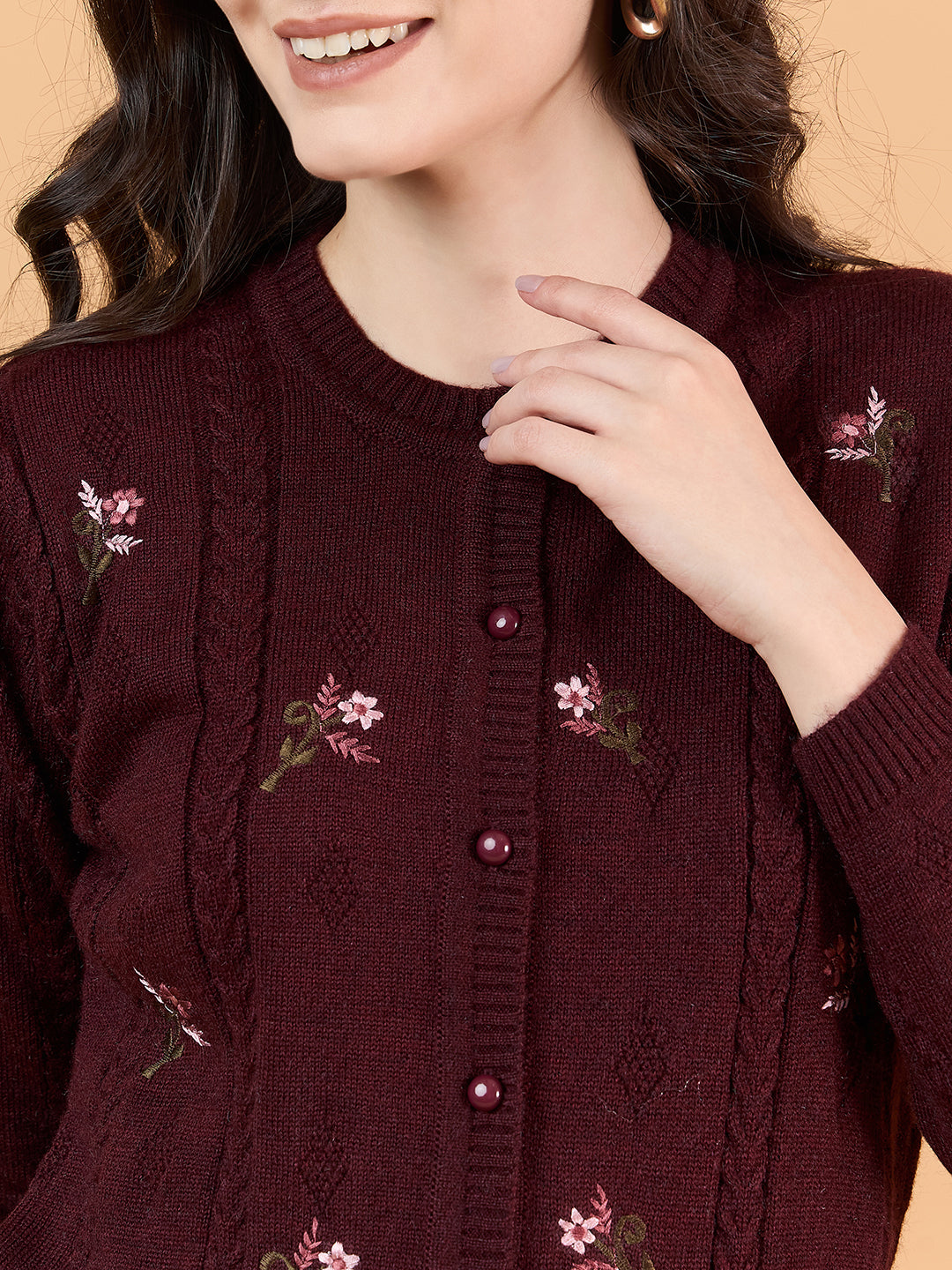 Clapton Floral Embroidered Full Sleeve Cardigan Sweaters for Women Girls Maroon