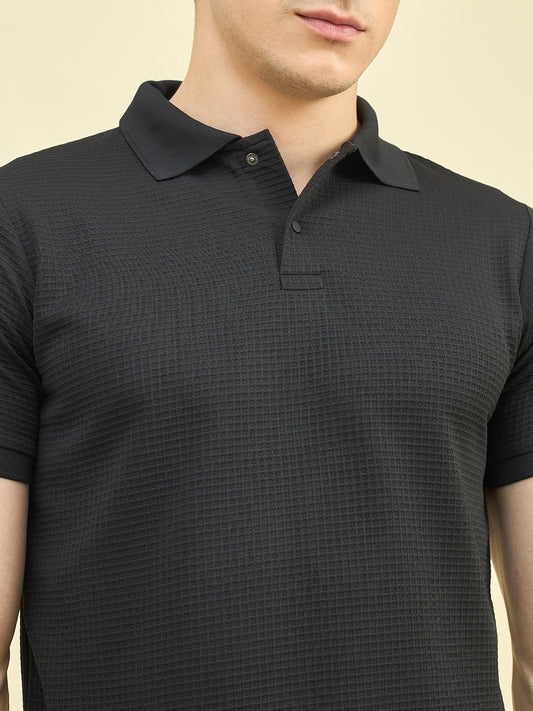 CLAPTON Men Knitted Textured Polo Collar T-shirt BLACK