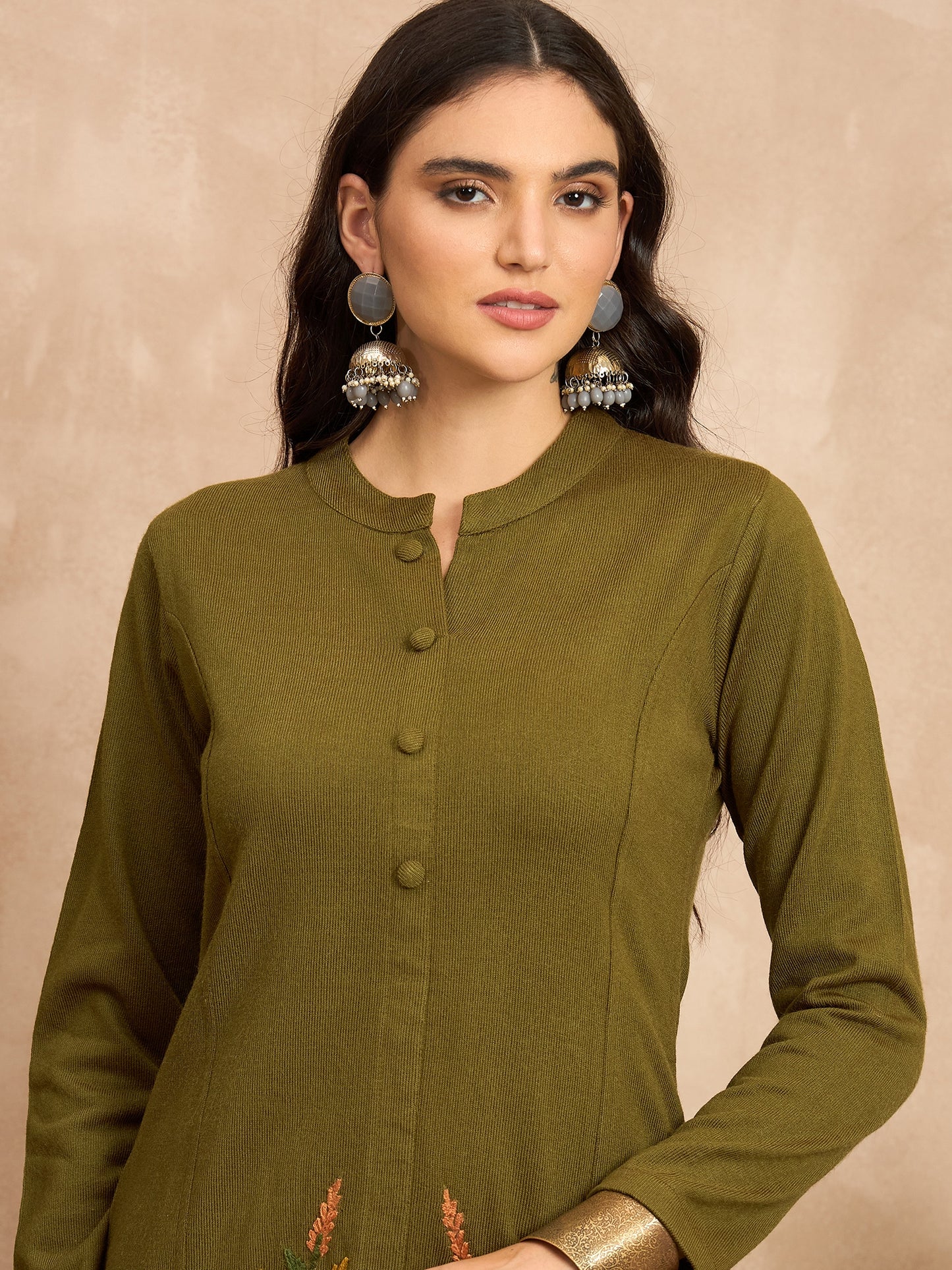 CLAPTON Women’s Green Wool Blend Embroidered Kurti & Pant Set – 2 Piece Winter Wear
