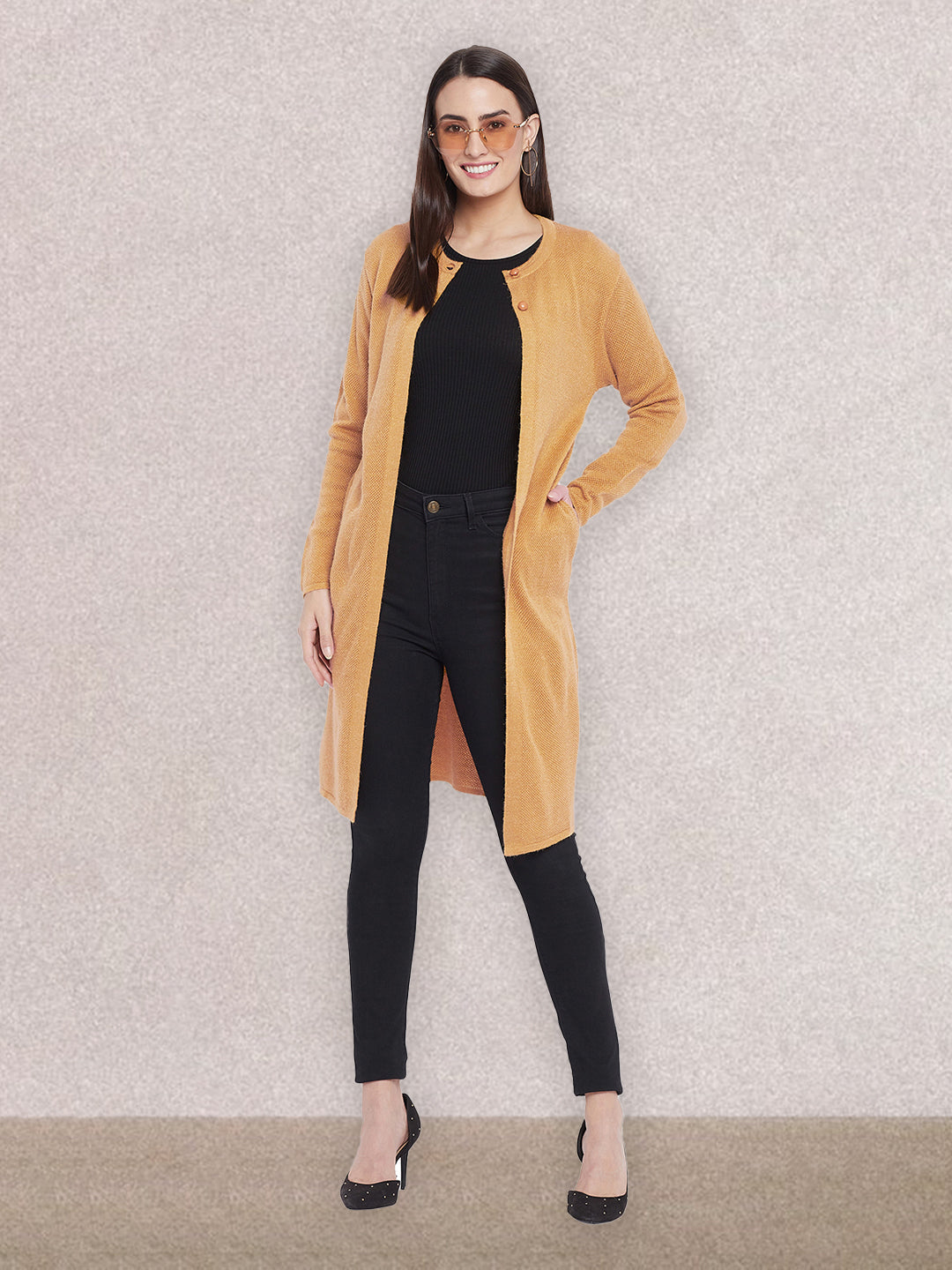 Wool Blend Round Neck Gold Extra long Shrug