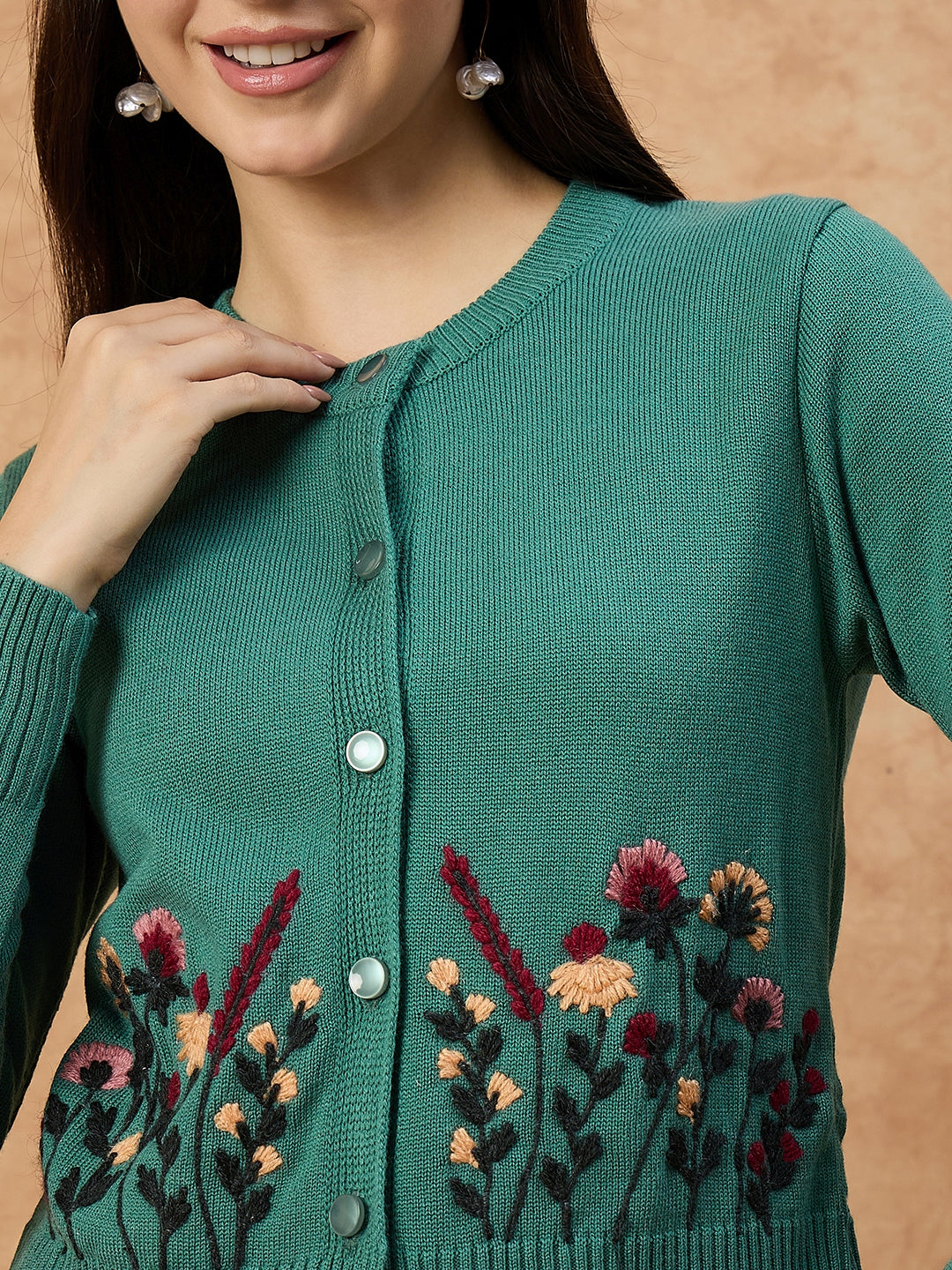 Clapton Women’s Sea Green Knitted Floral Embroidered Cardigan 6110