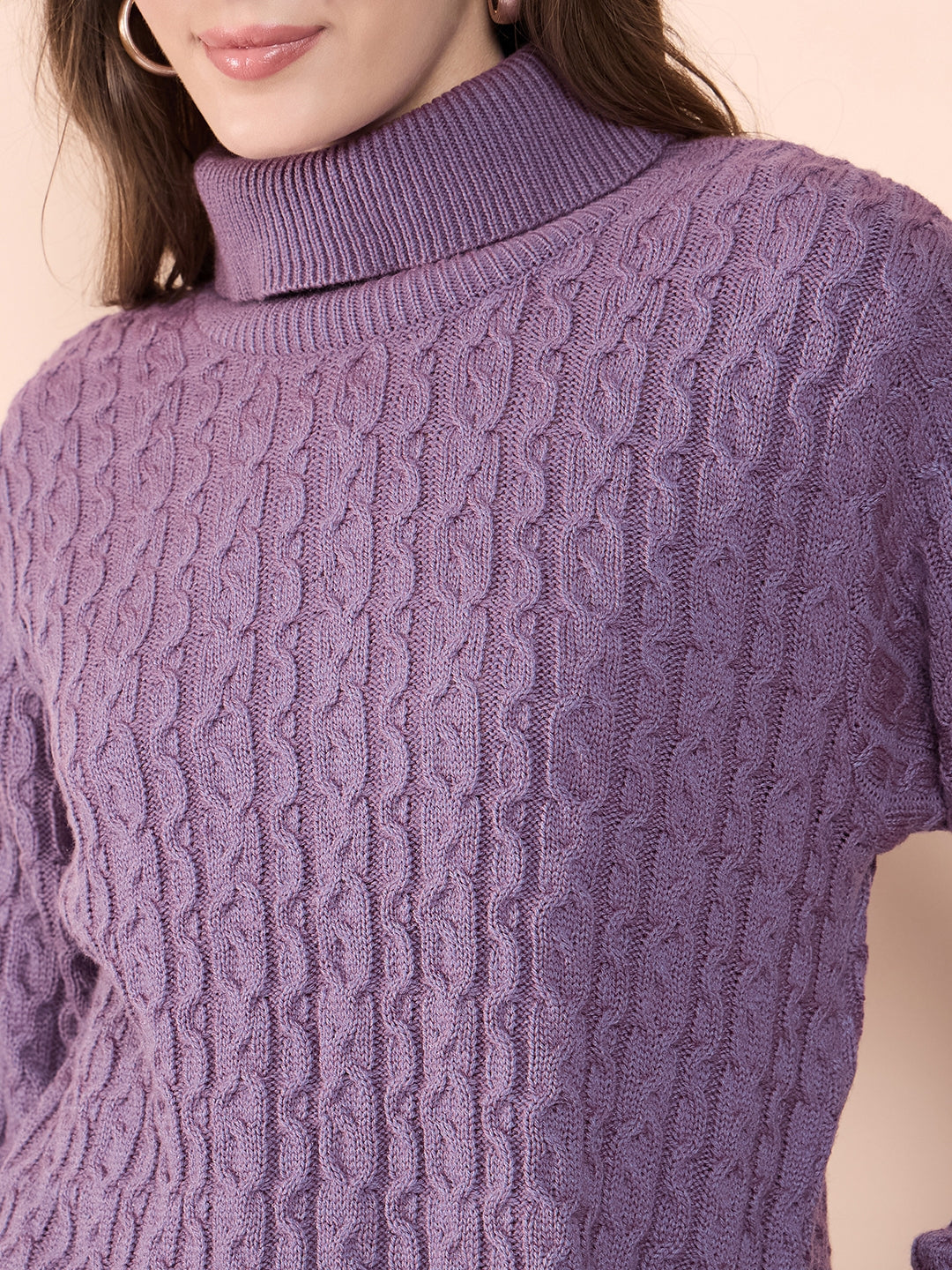 Clapton High Neck Cable Knitted Woolen Dress Mauve