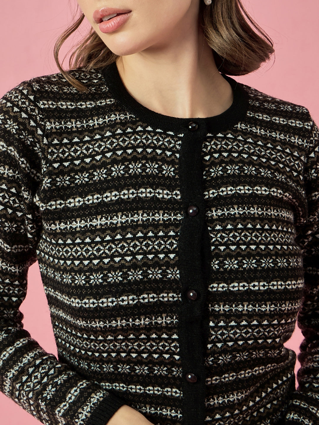 Women Black Self Striped Round Neck Cardigan