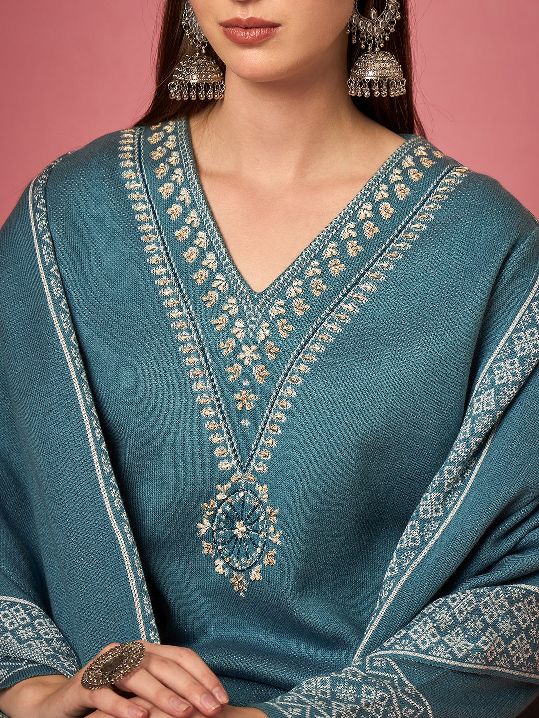 Clapton Embroidered Straight Kurta Pant With Dupatta Set Sky
