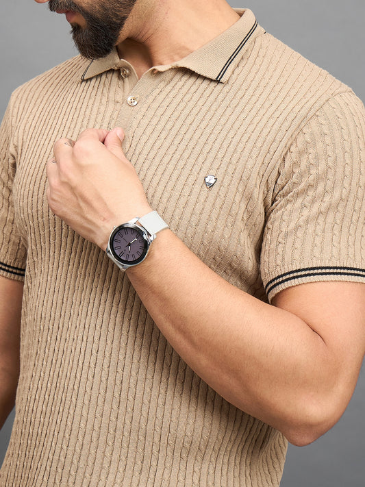 CLAPTON Men Knitted Polo Collar T-shirt Beige