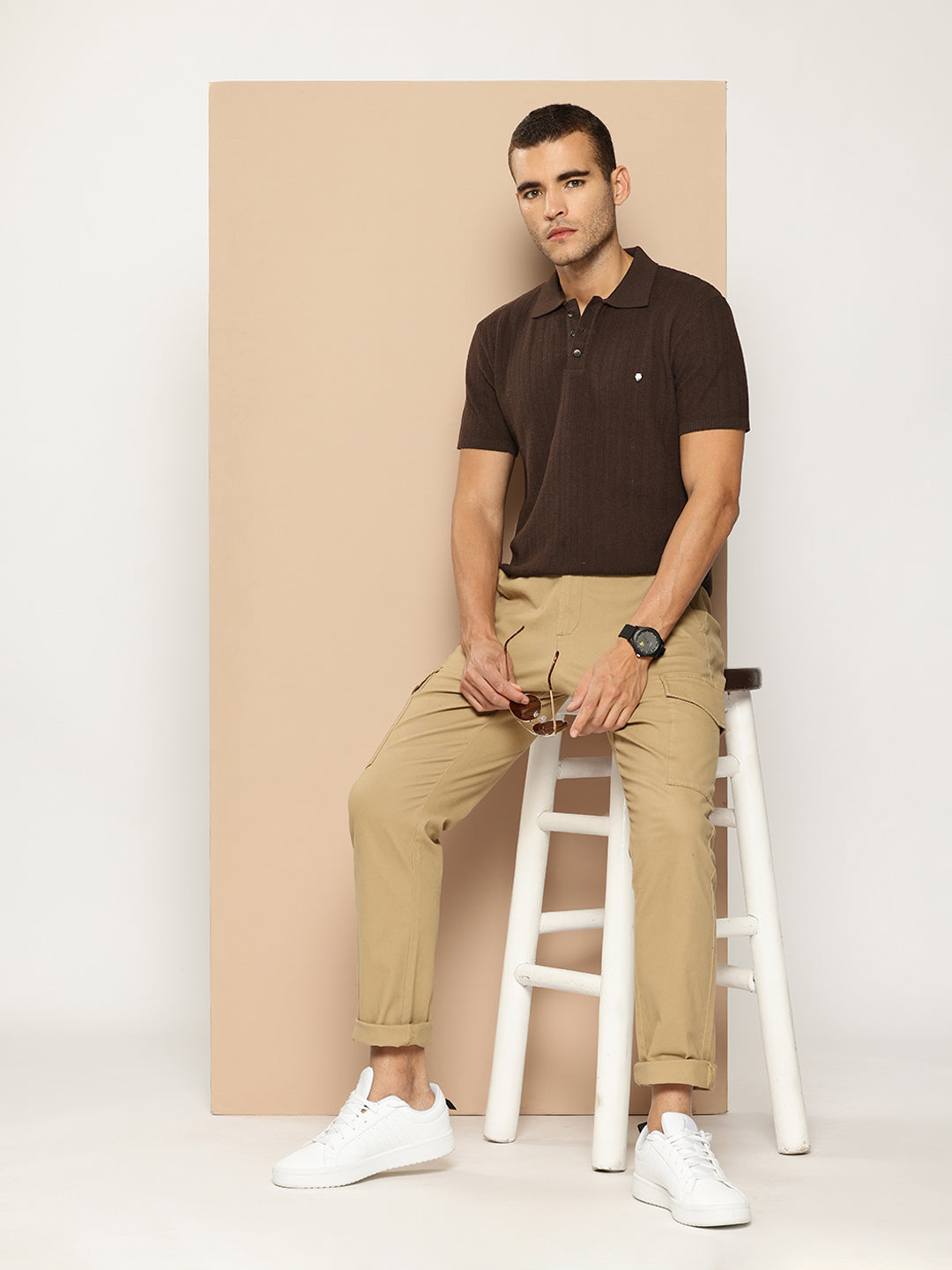 CLAPTON Men Knitted Textured Polo Collar T shirt Coffee