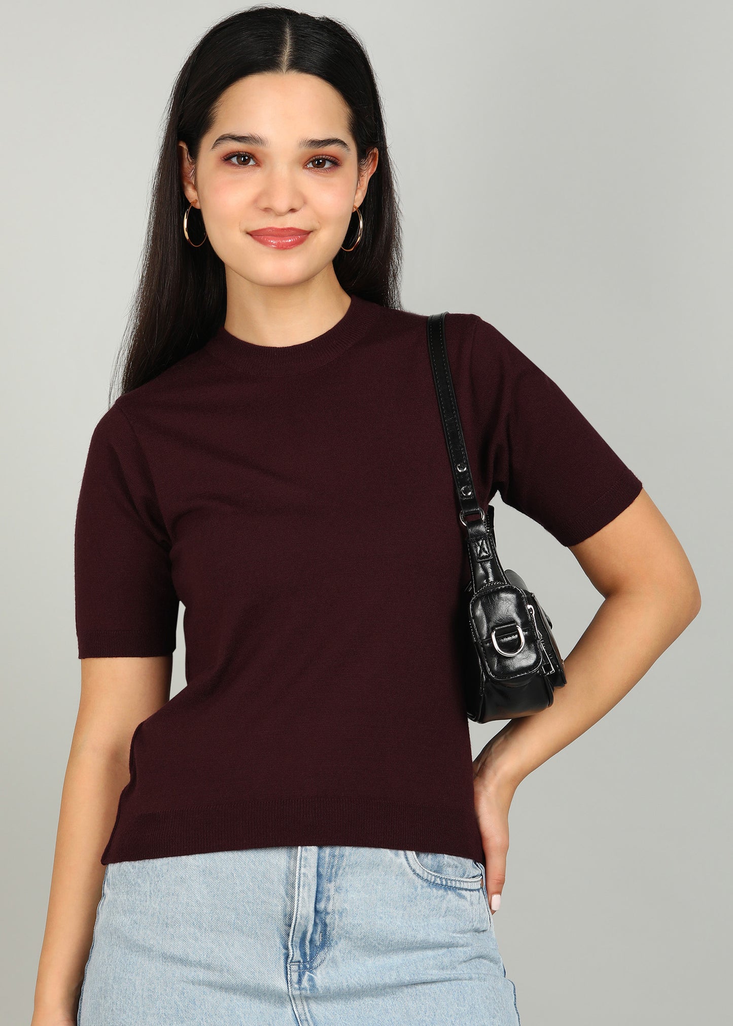 Women Solid Color Round Neck Half Sleeve Viscose T-Shirt Wine
