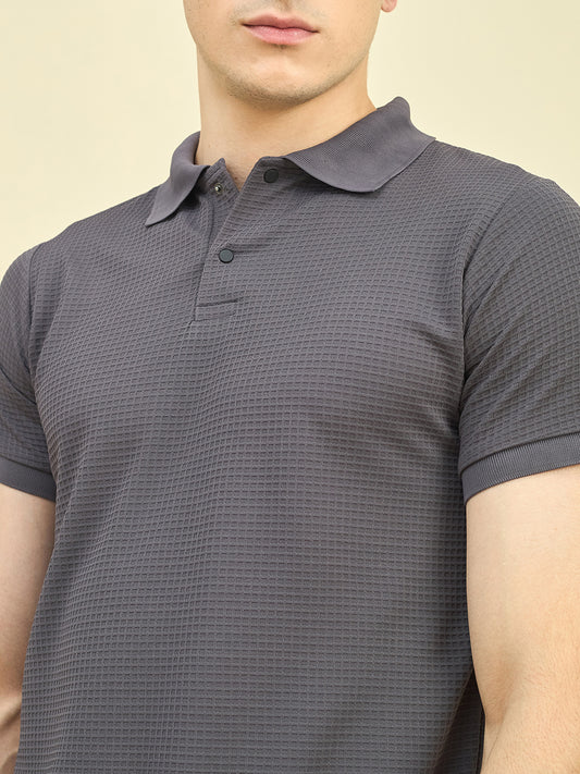 CLAPTON Men Knitted Textured Polo Collar T-shirt Navy