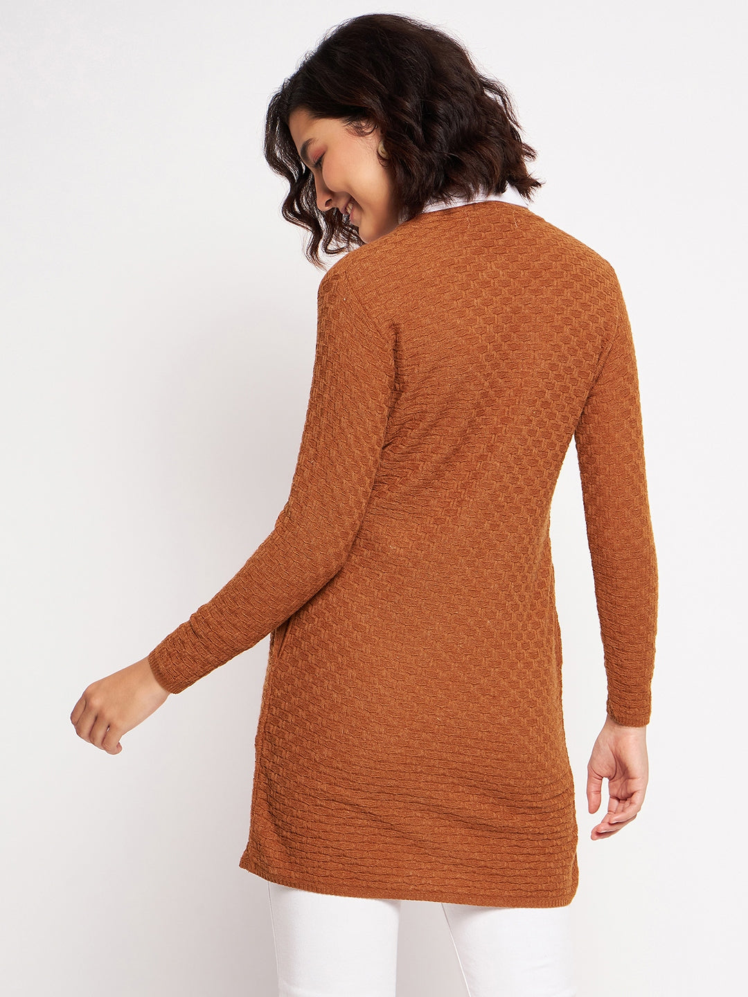 Wool Blend Round Neck Saffron Long Shrug