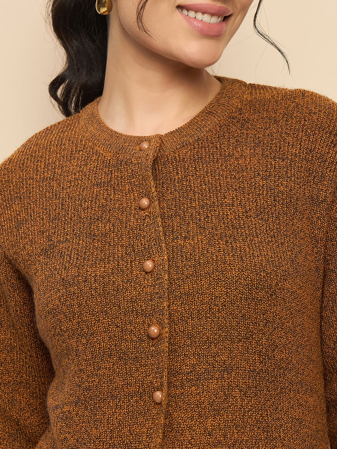 Wool Blend Round Neck Peach Long Shrug gold