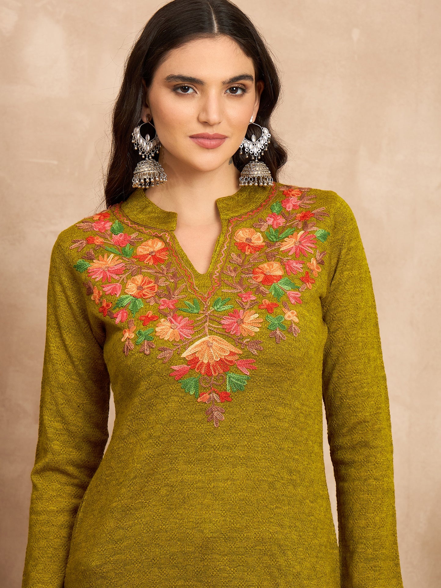 Women Multicolor Embroidered woolen Blend Kurta Gold Winter Wear