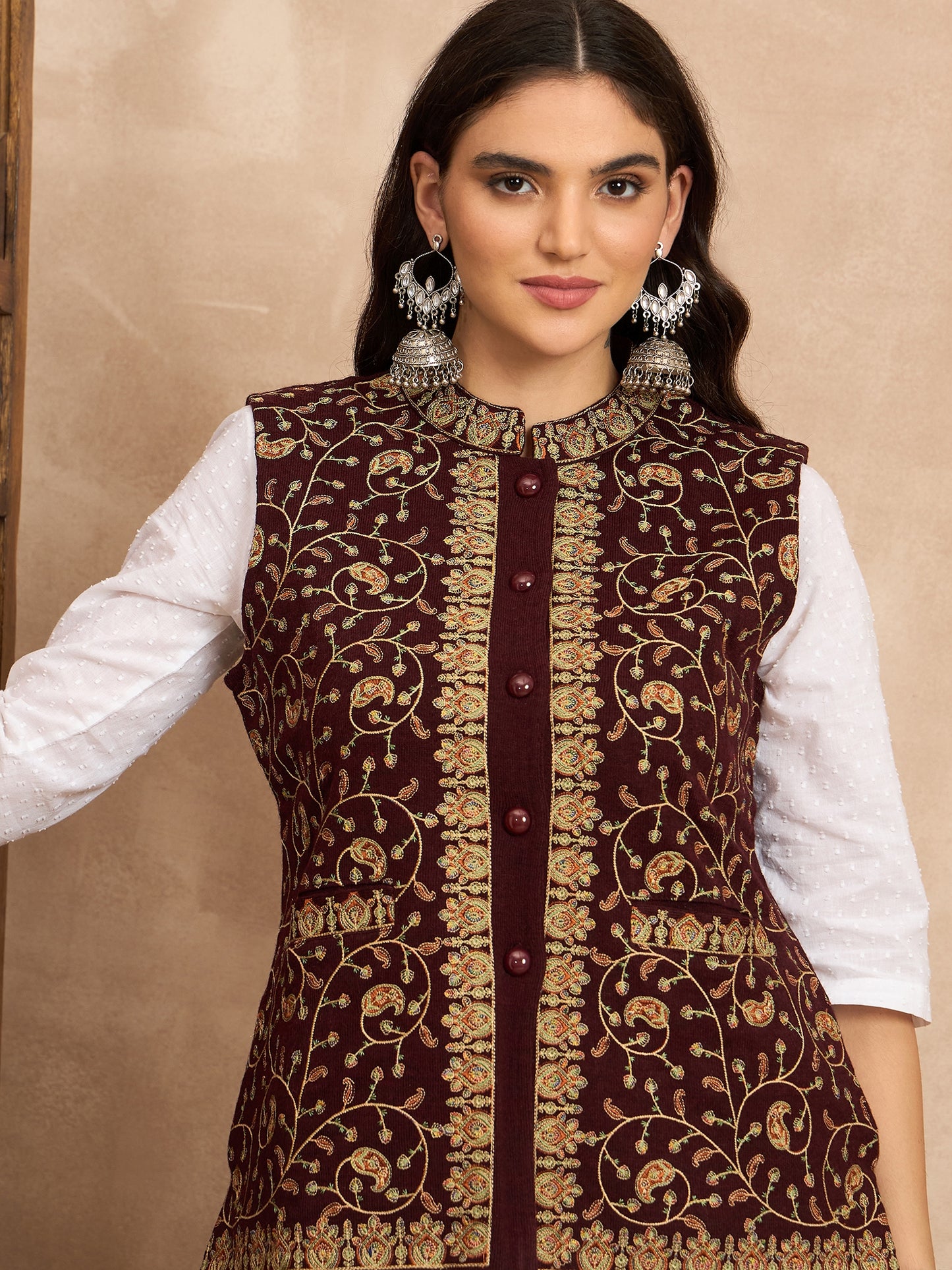 CLAPTON EMBROIDERY SLEEVELESS WINE BLAZER FOR WOMEN