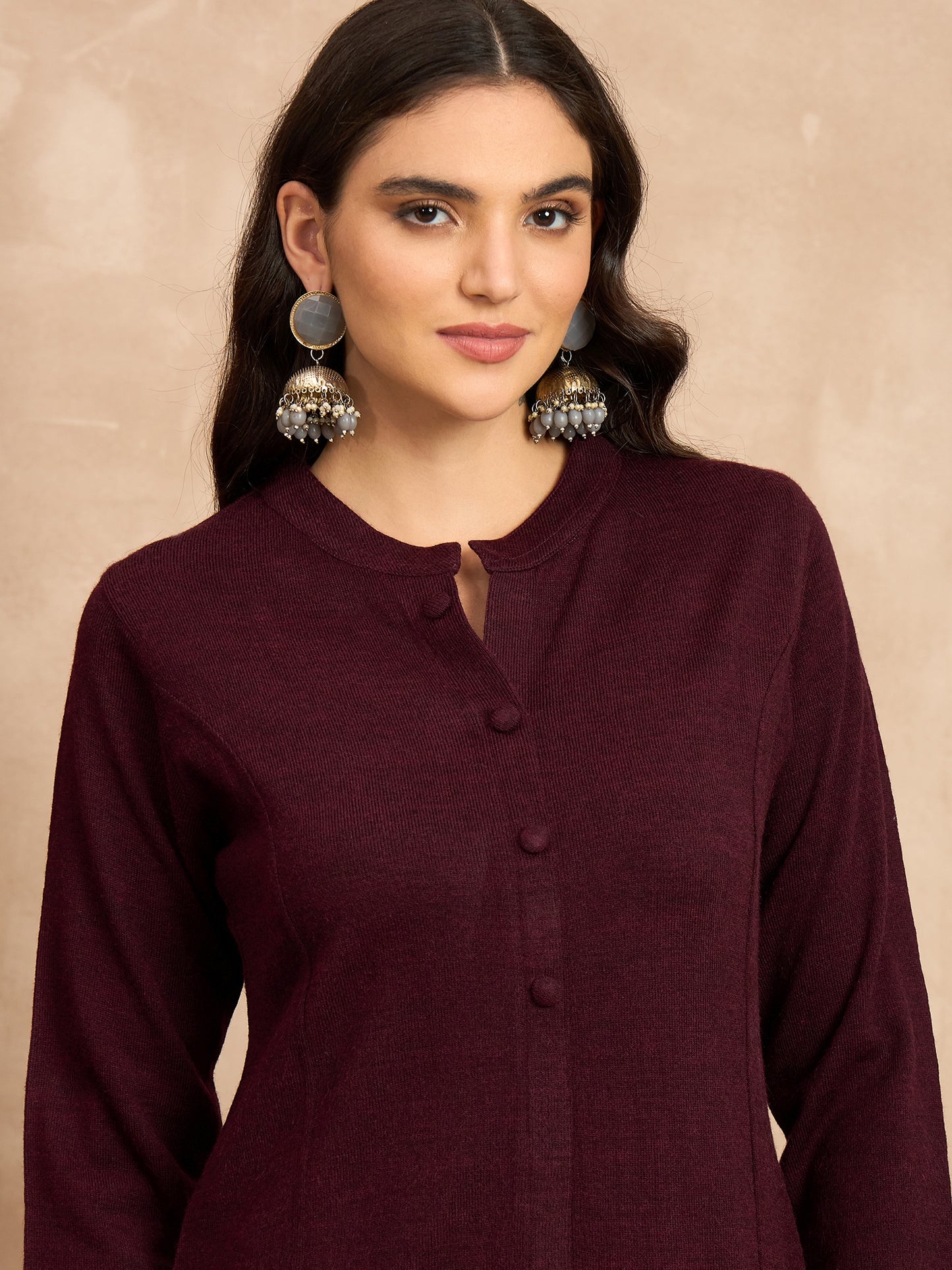 CLAPTON Women’s MAHROON Wool Blend Embroidered Kurti & Pant Set – 2 Piece Winter Wear