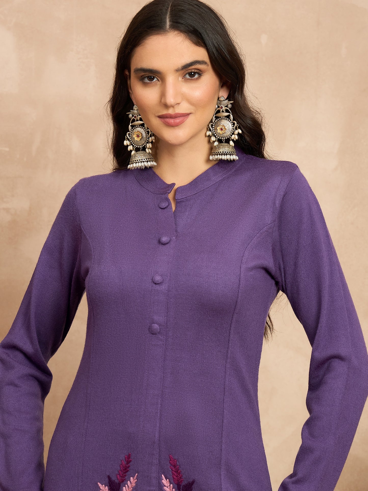 CLAPTON Women’s Purple Wool Blend Embroidered Kurti & Pant Set – 2 Piece Winter Wear