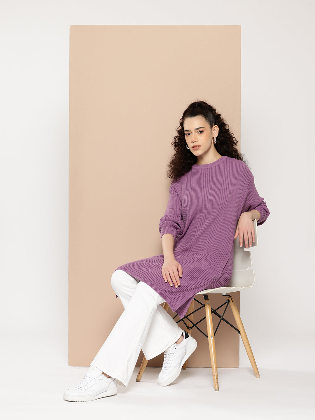 Women Knitted Long Tunic ,Button Down ,Winter Wear Women Color Purple
