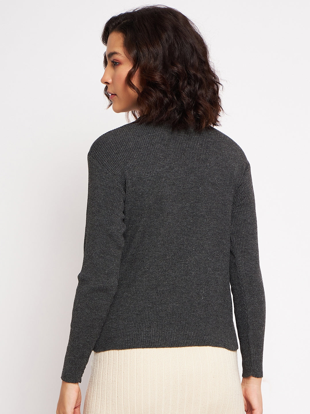 Wool Blend Round Neck Grey Top With Embroidery
