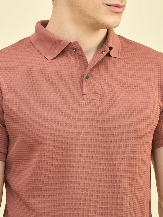 CLAPTON Men Knitted Textured Polo Collar T-shirt RUST