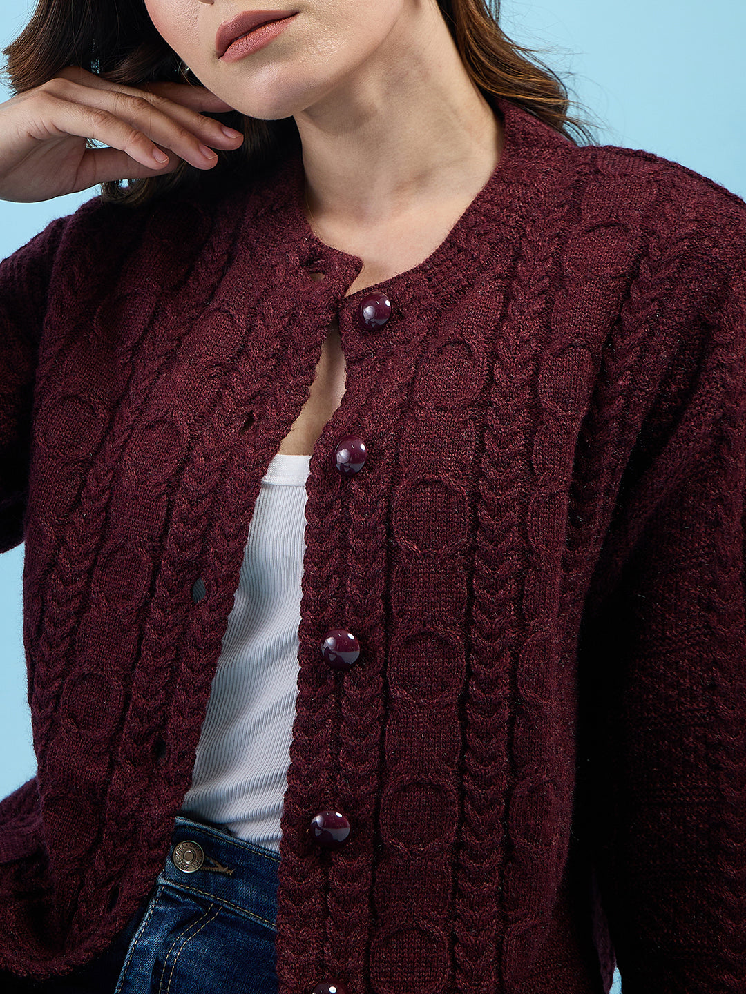 Clapton Cable Knit Design Woolen Longline Cardigan Sweater for women and Girls Maroon