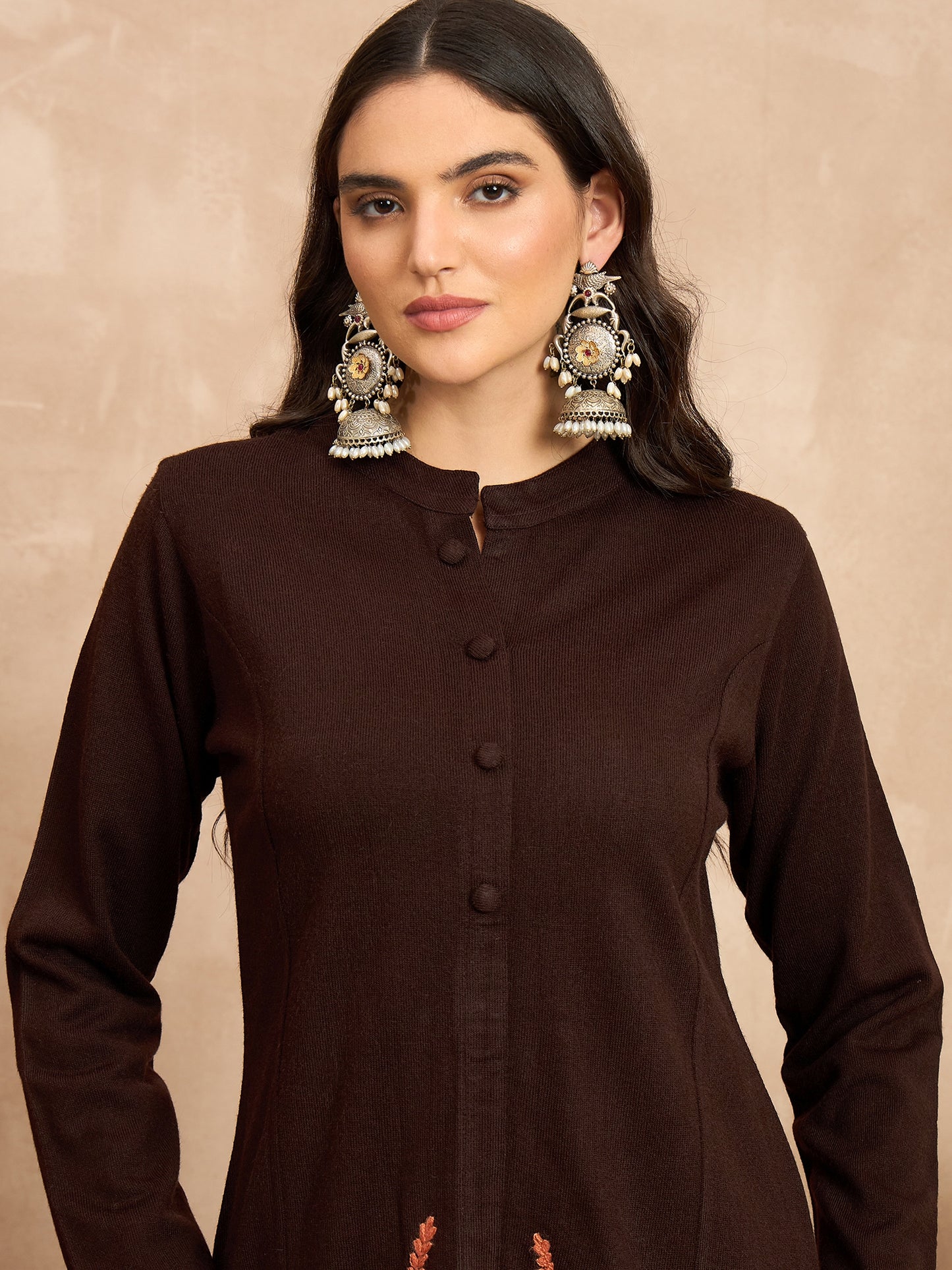 CLAPTON Women’s Wine Wool Blend Embroidered Kurti & Pant Set – 2 Piece Winter Wear