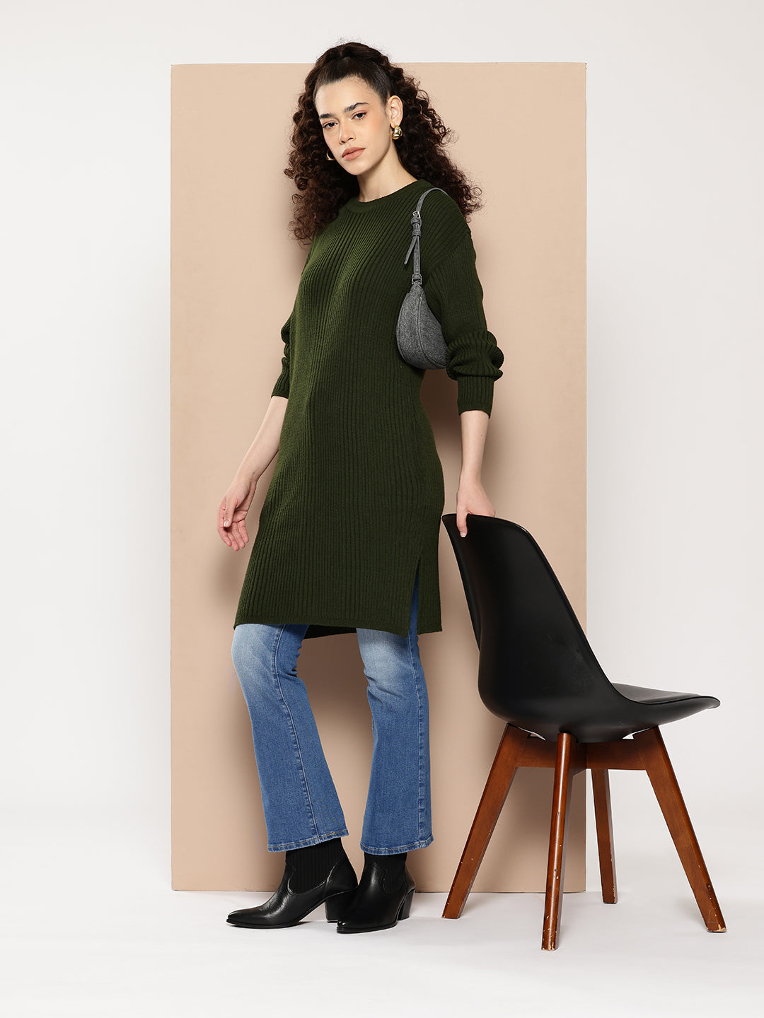 Women Knitted Long Tunic ,Button Down ,Winter Wear Women Color Green