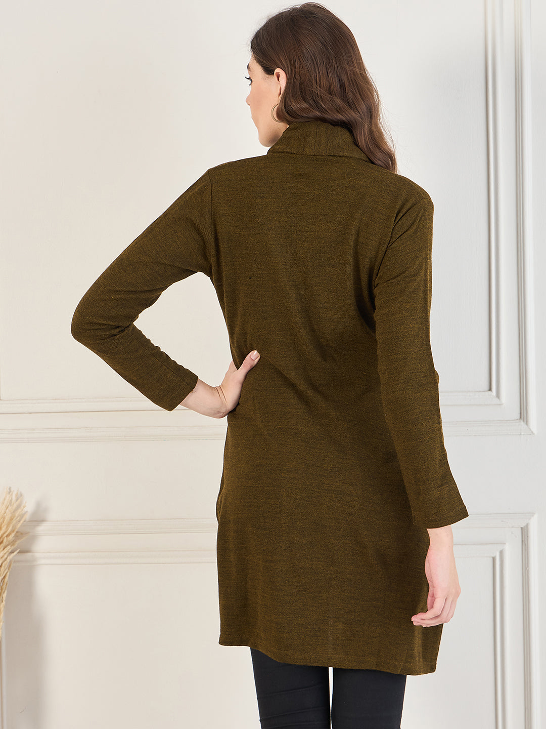 Women's Mehndi open neck long Sleeves, Knitted Winter Wear Shrug