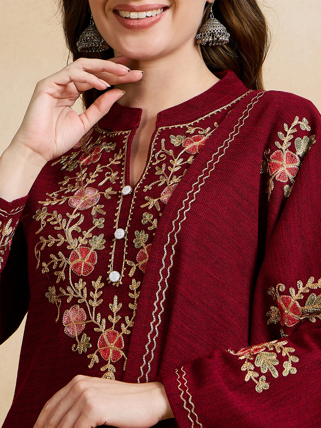 Clapton Embroidered Straight Kurta Pant With Dupatta Set Maroon