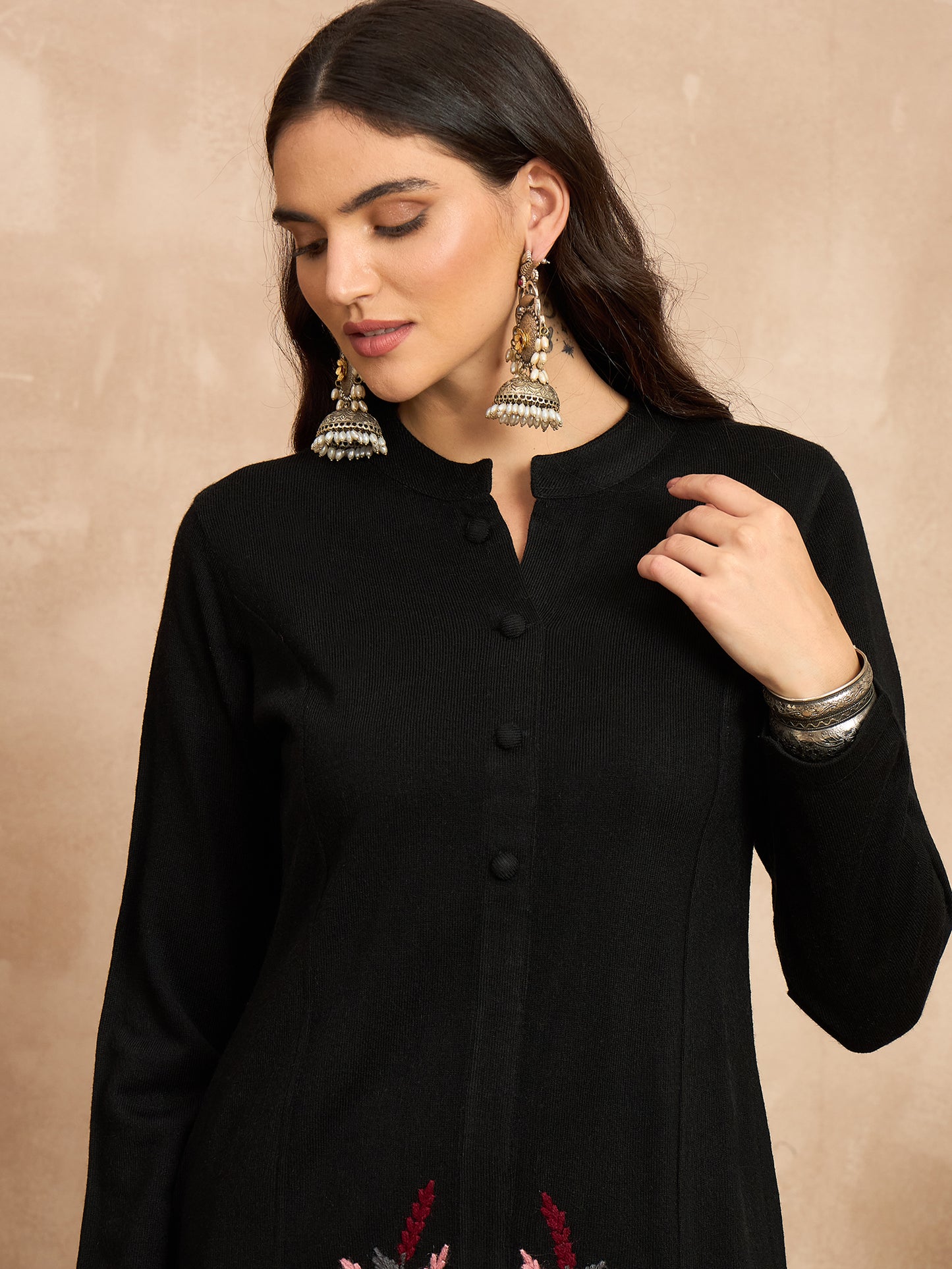 CLAPTON Women’s Black Wool Blend Embroidered Kurti & Pant Set – 2 Piece Winter Wear
