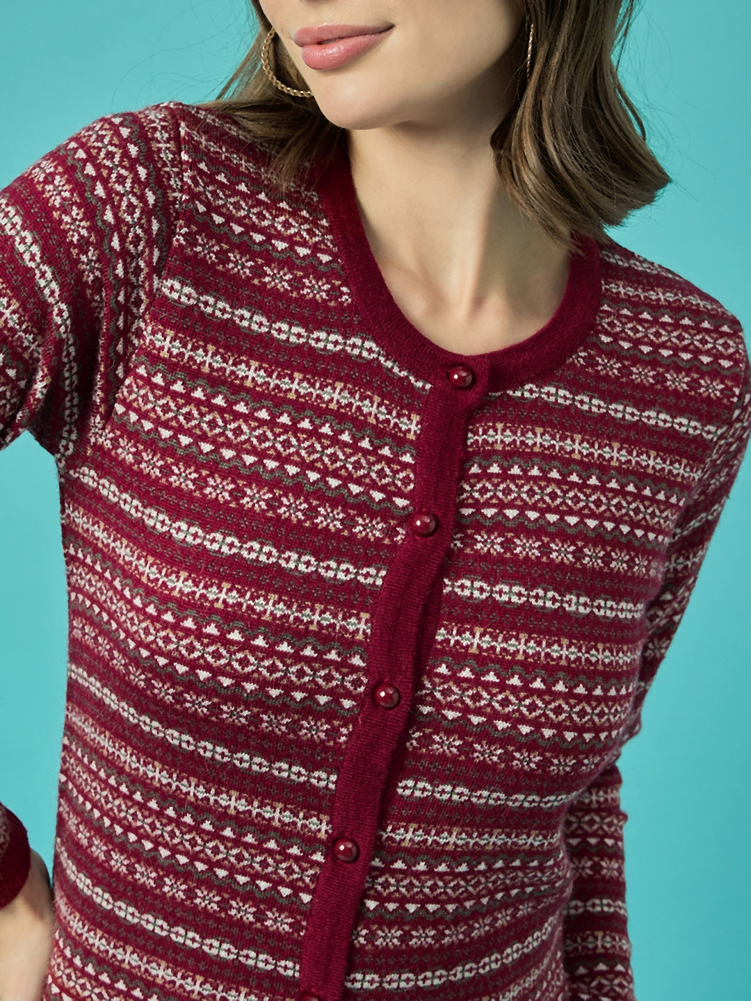 Women Mehroon Self Striped Round Neck Cardigan