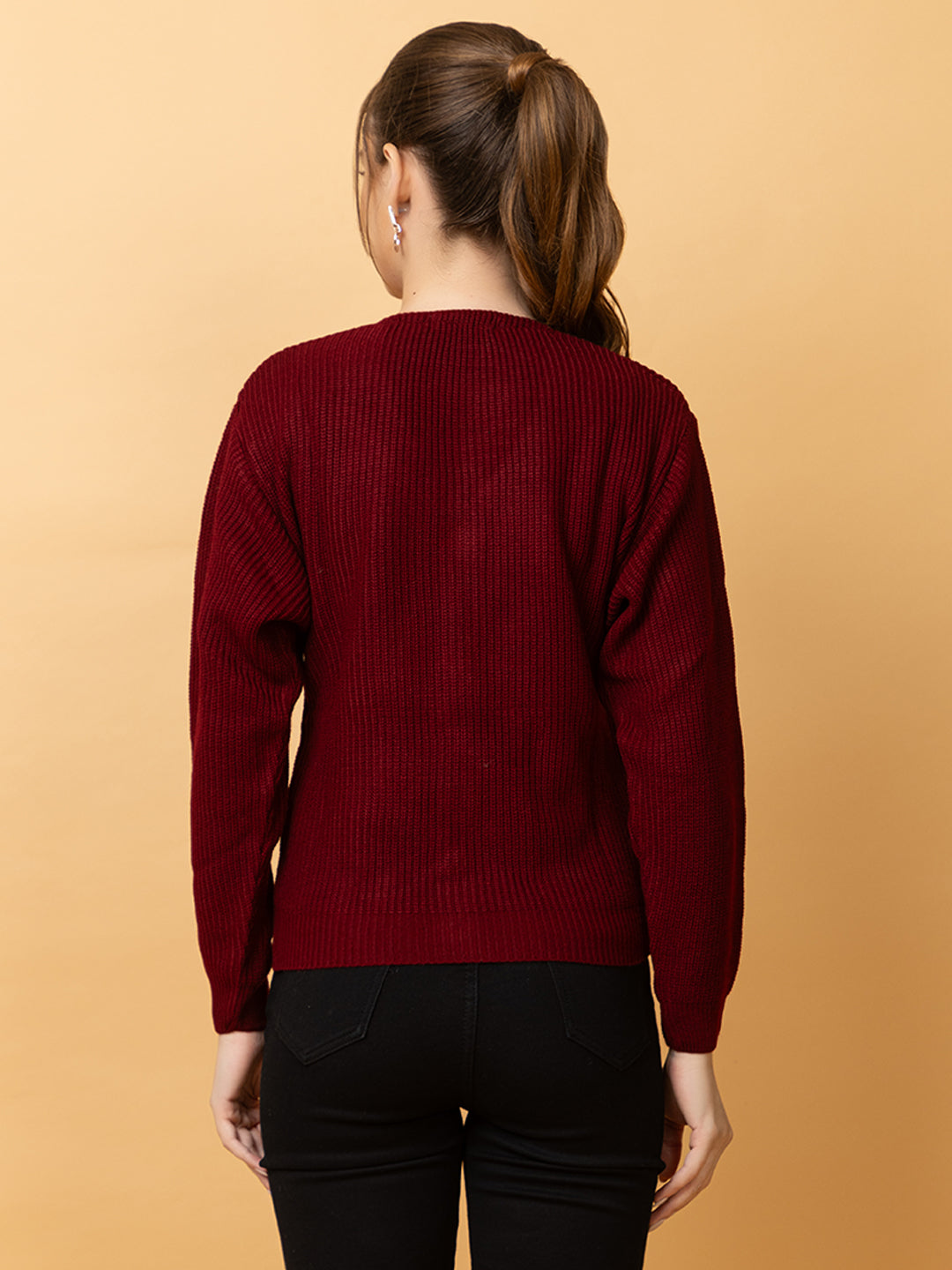 Clapton Women Maroon Self Knitted Cardigan