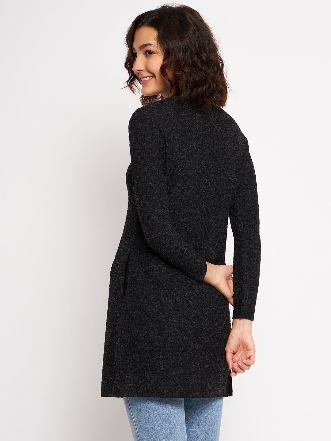 Wool Blend Round Neck Black Long Shrug