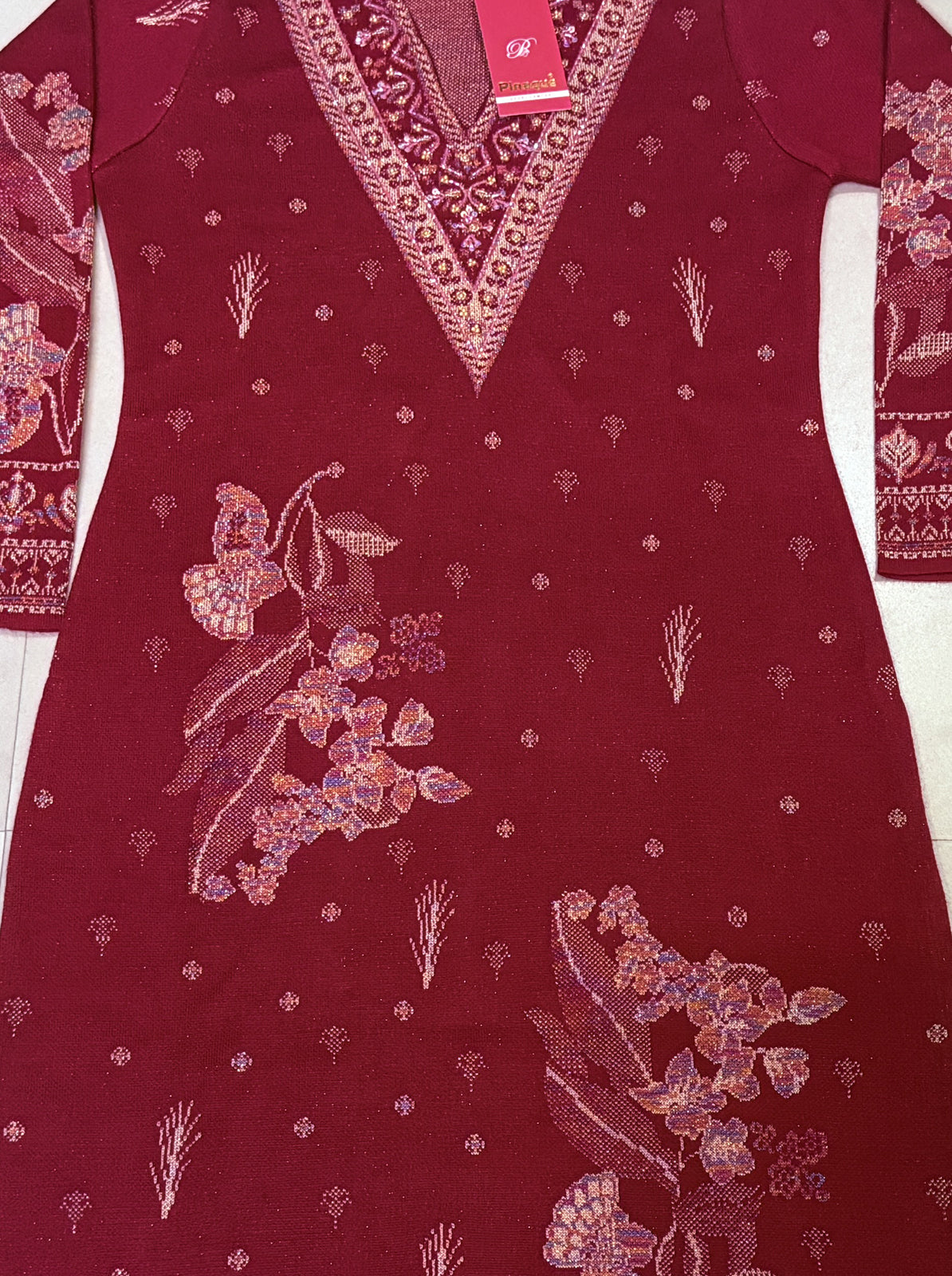 Embroidered wool blends for winter wear Straight-fit kurta with trousers and a dupatta (shawl) Red