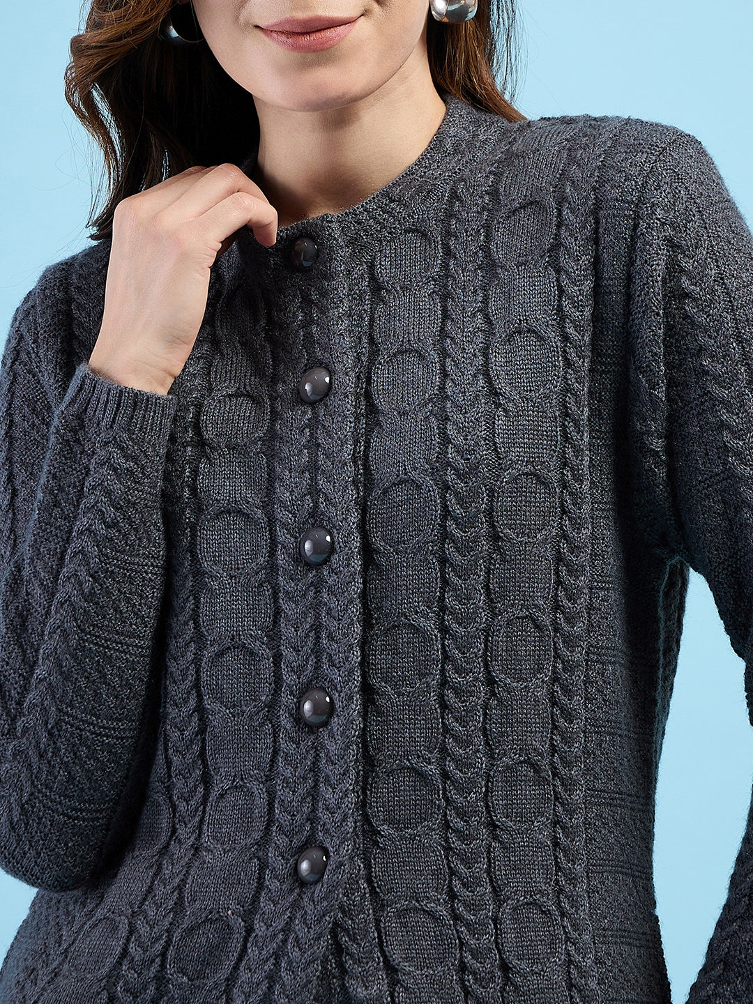 Clapton Cable Knit Design Woolen Longline Cardigan Sweater for women and Girls Dark Grey