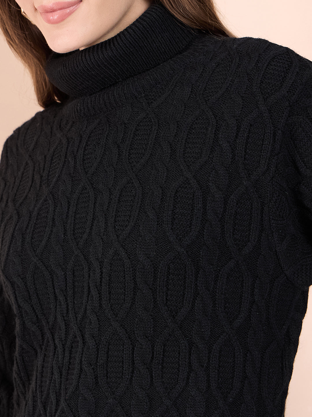 Clapton High Neck Cable Knitted Woolen Dress Black