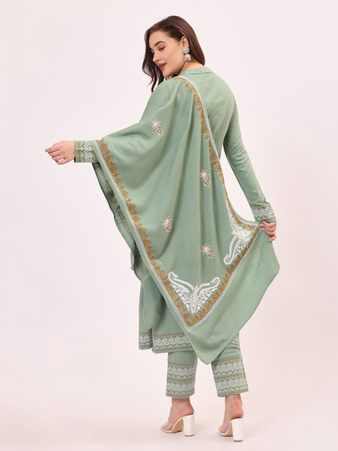 Clapton Pure Wool Winter Wear Embroidered Straight Kurta Pant With Dupatta Set Pista