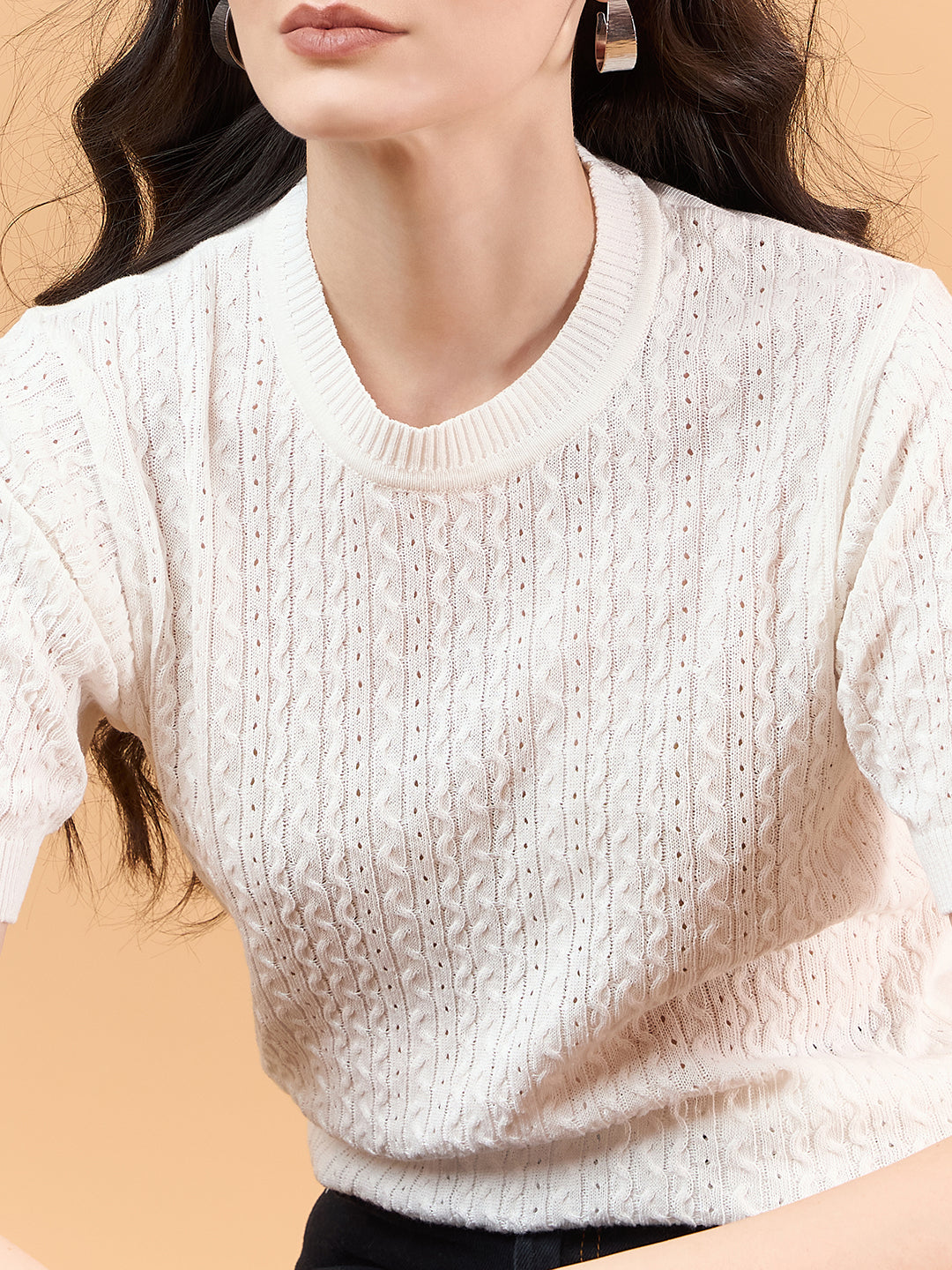 Ladies Short Sleeve Knitted cotton T Shirt solid Color White