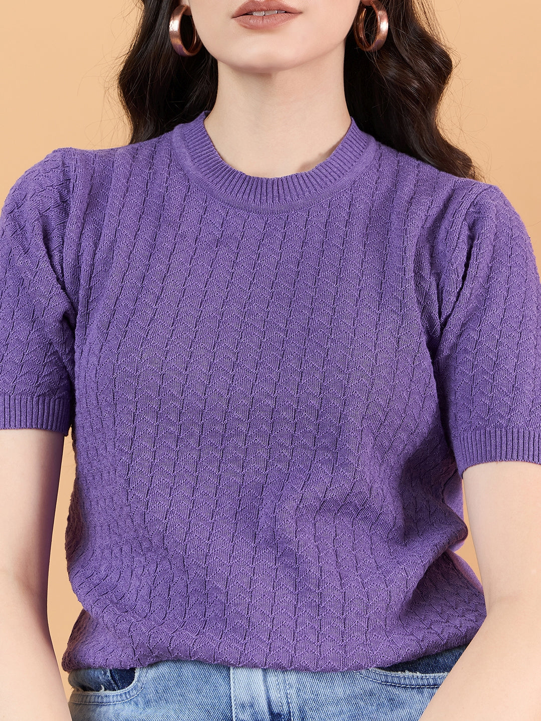 clapton Women Self knitted cotton Design T-shirt Purple Mauve