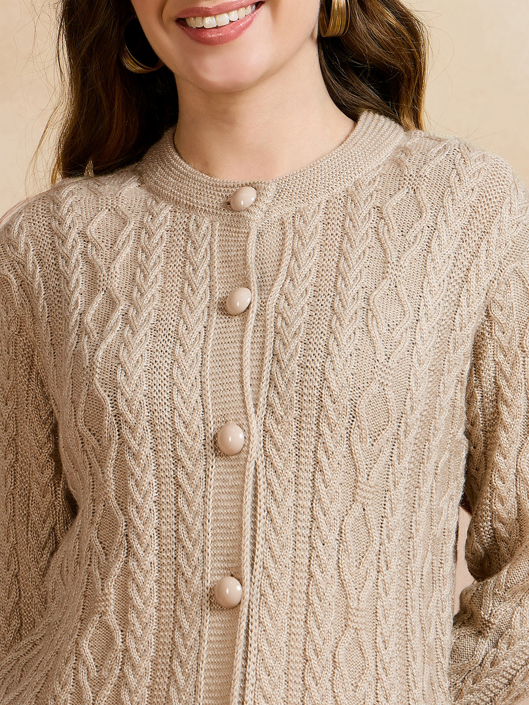 Clapton Cable Knit Design Woolen Longline Cardigan Sweater for women and Girls BEIGE