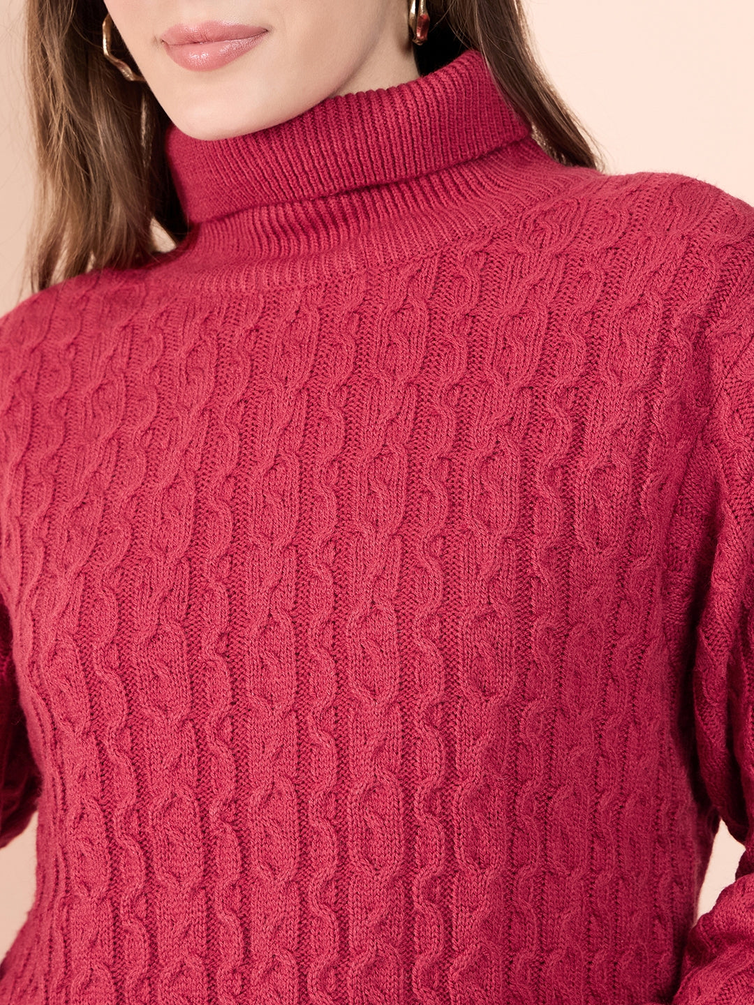 Clapton High Neck Cable Knitted Woolen Dress Rust
