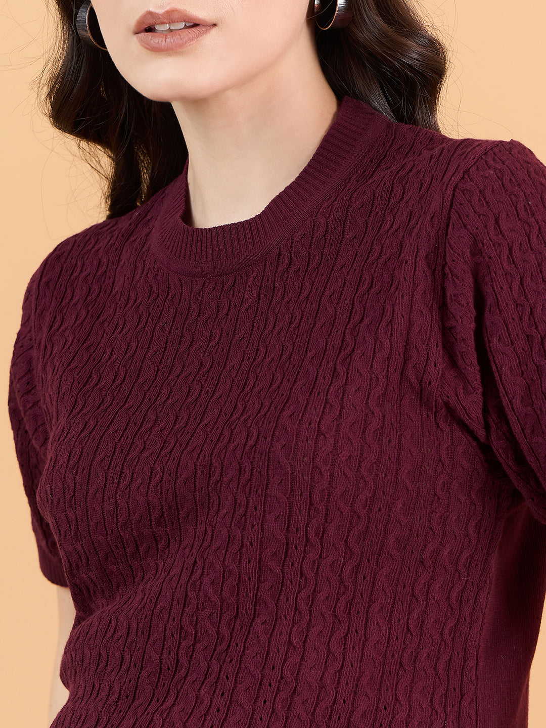 Ladies Short Sleeve Knitted cotton T Shirt solid Color maroon