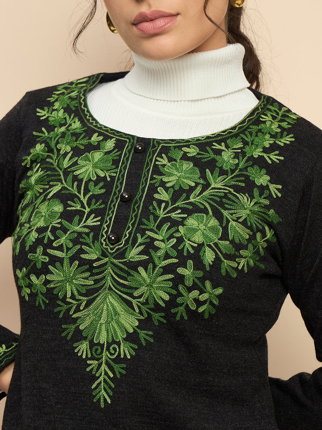 Women's Kurta with Green Floral Embroidery, Long Sleeves, winter wear Grey mixture