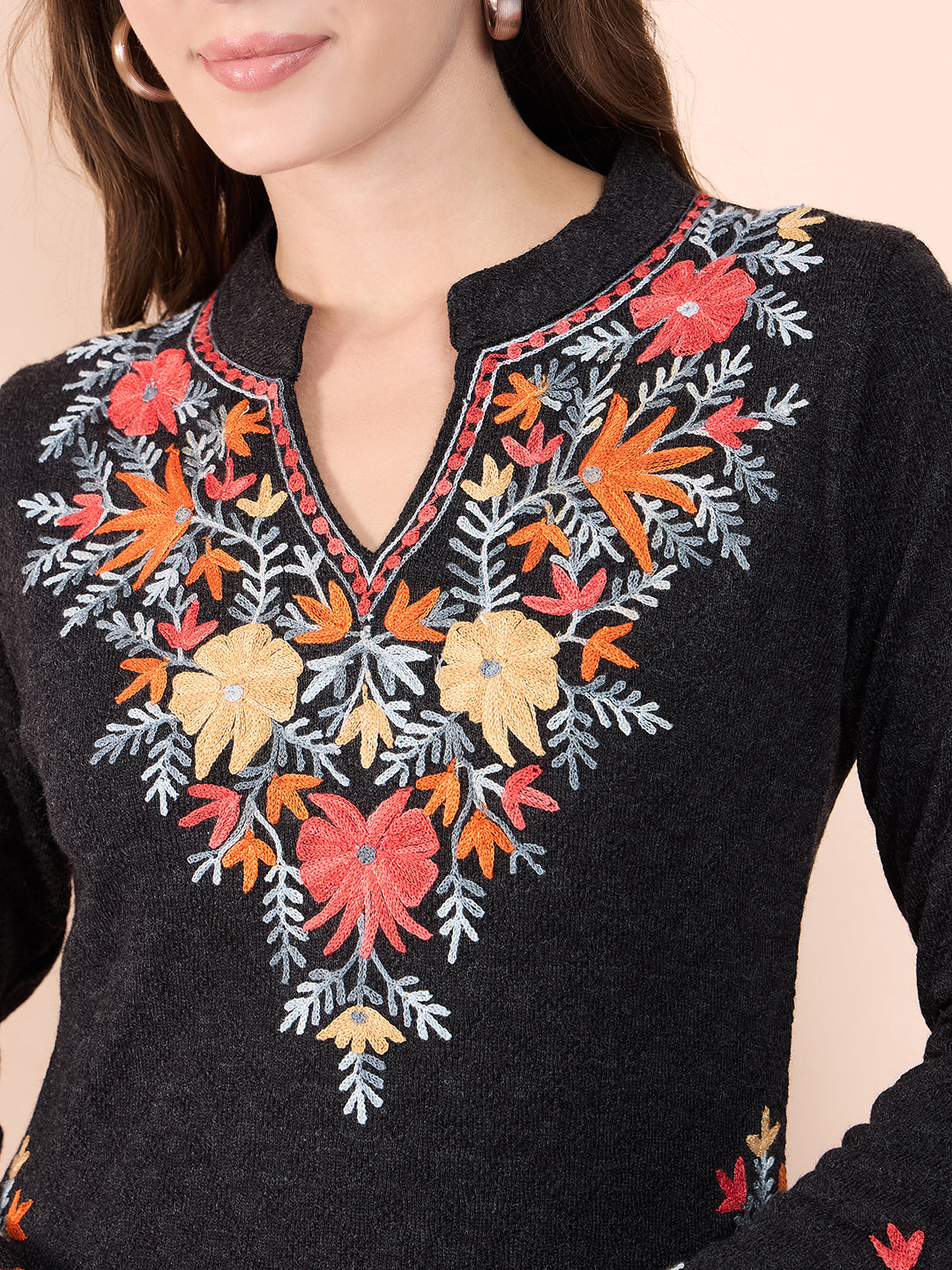 Women Multicolor Embroidered wool Blend Kurta Mixture Winter Wear