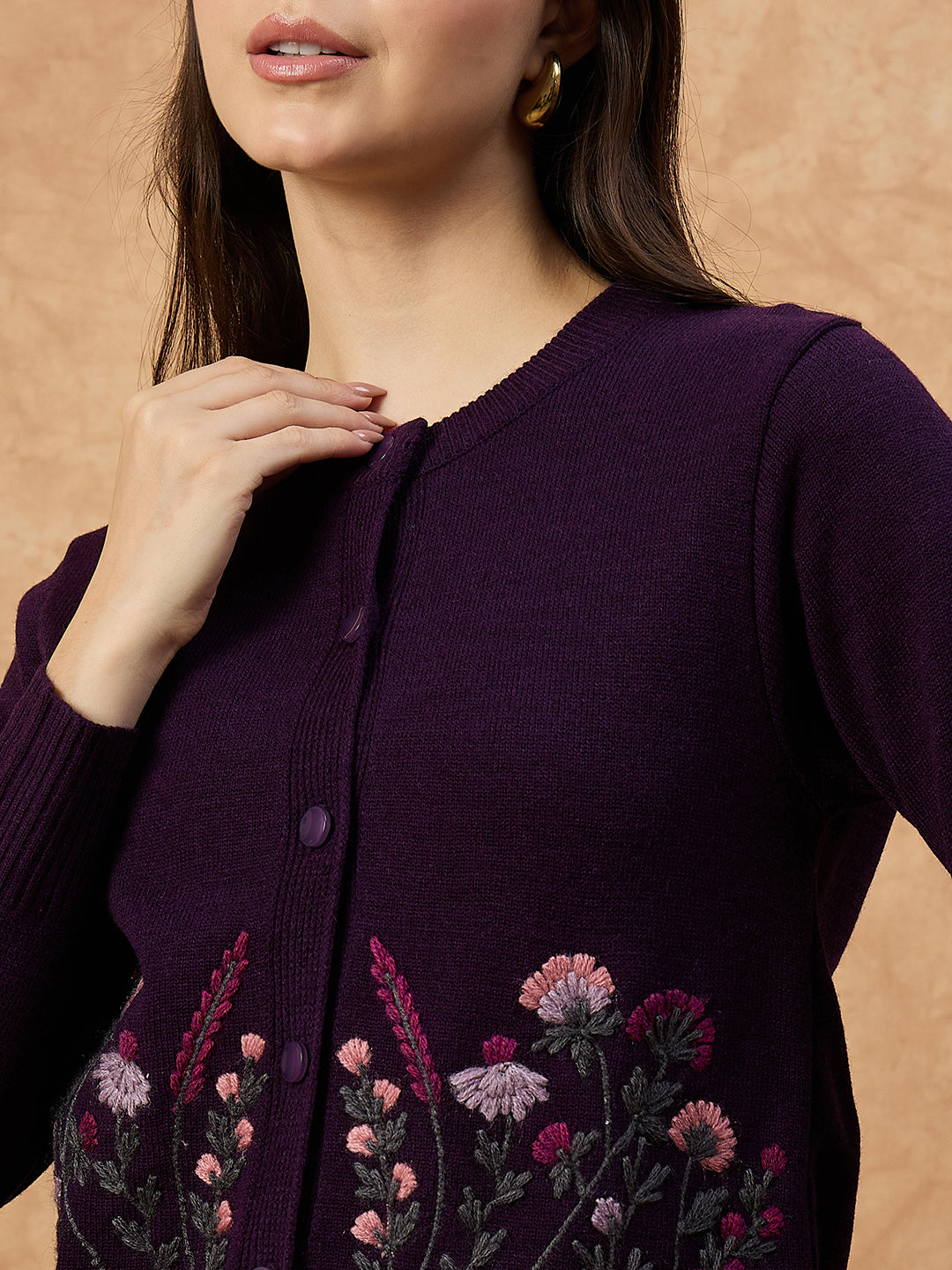Clapton Women’s Purple Knitted Floral Embroidered Cardigan 6110